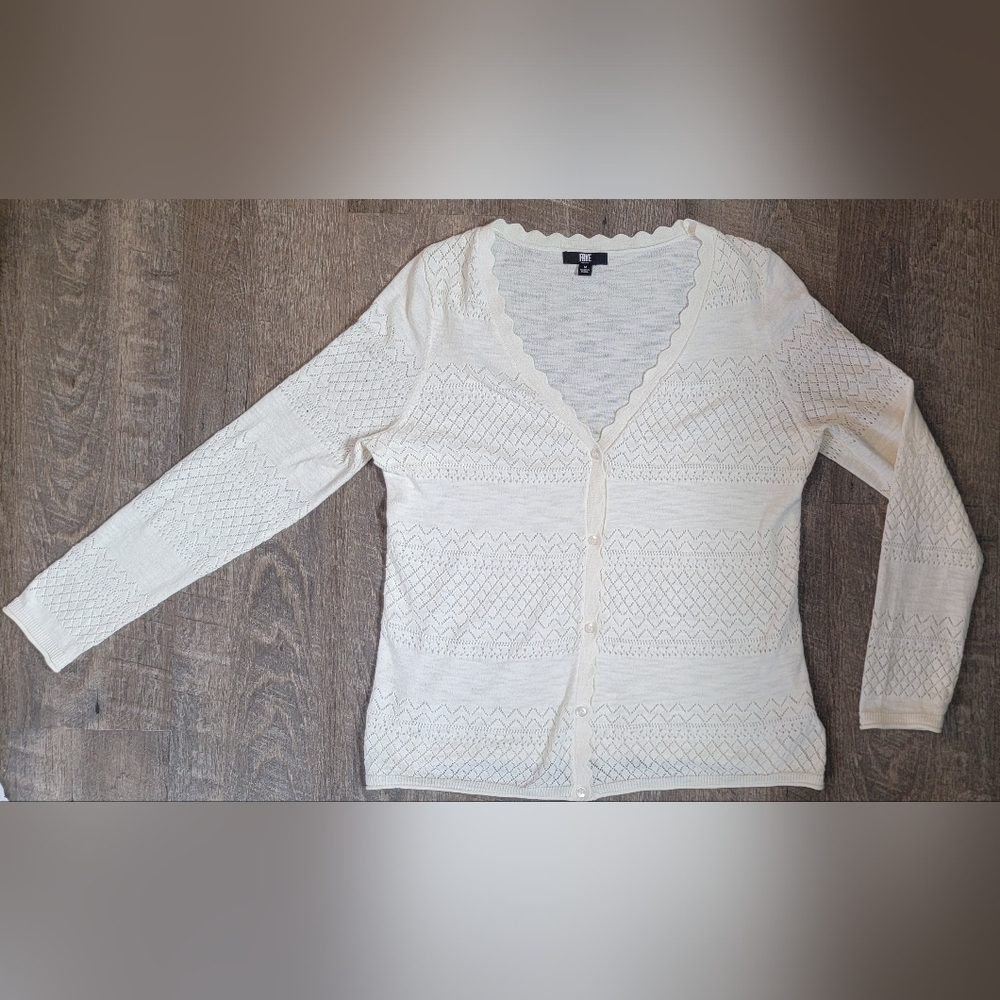 Frye Pointelle V Neck Cardigan Sweater Womens L Ivory Cottagecore 100% Cotton - Picture 5 of 11